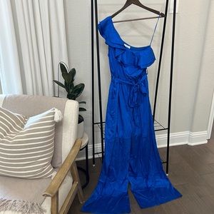 Royal blue one shoulder ruffle silk jumpsuit full length